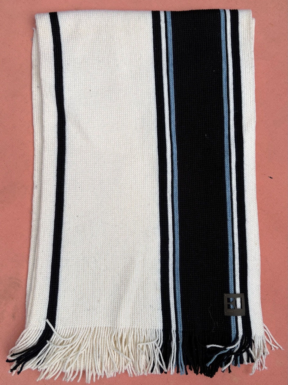 BOSS ORANGE White, Black and Light Blue Striped Knit Scarf